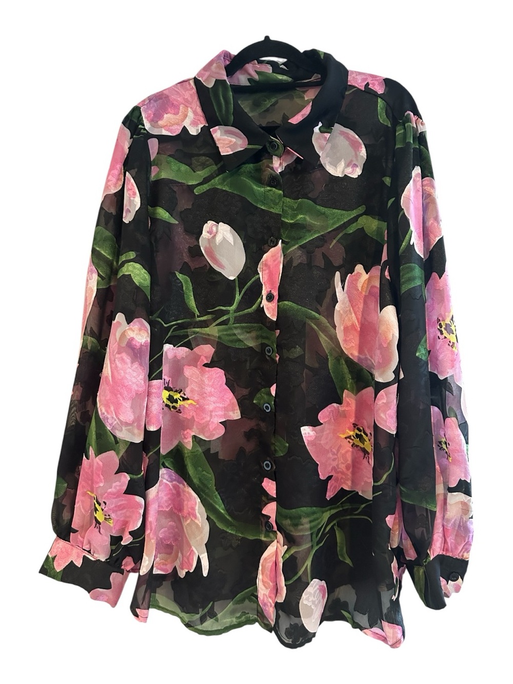Floral Sheer Button-Up Blouse Size 1X
